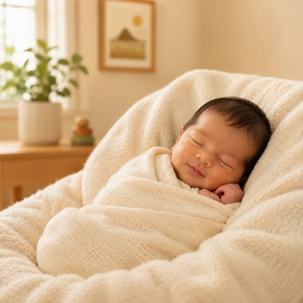 A peacefully sleeping newborn swaddled in a soft cream blanket