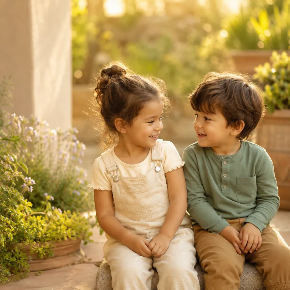 Two young children smiling at each other outdoors in warm golden-hour light