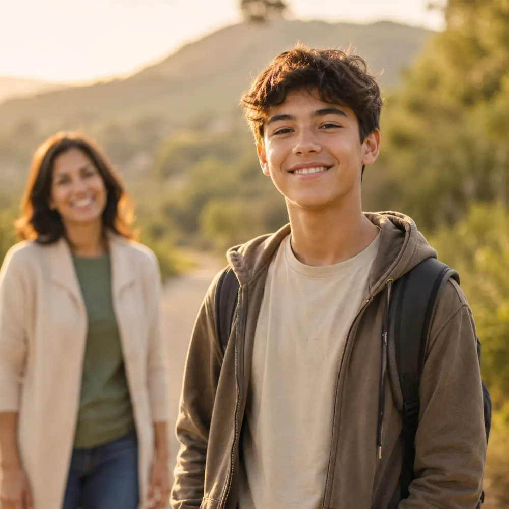 A smiling teenager with a backpack and his mother on a South Valley trail at golden hour